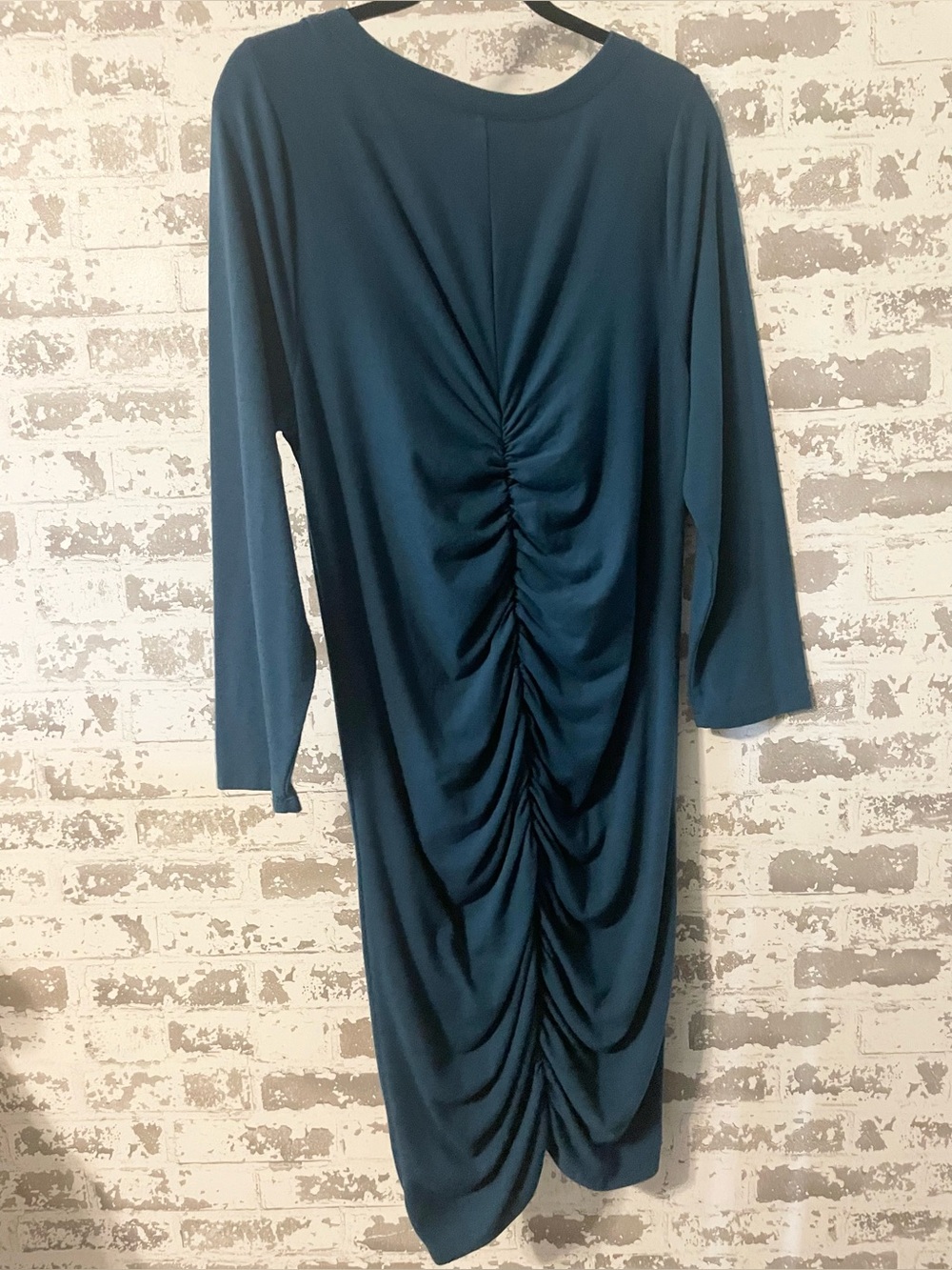 Torrid Teal Ruched Bodycon Dress Size 1 Deep V Neck Long Sleeve Stretch Midi - Picture 6 of 8